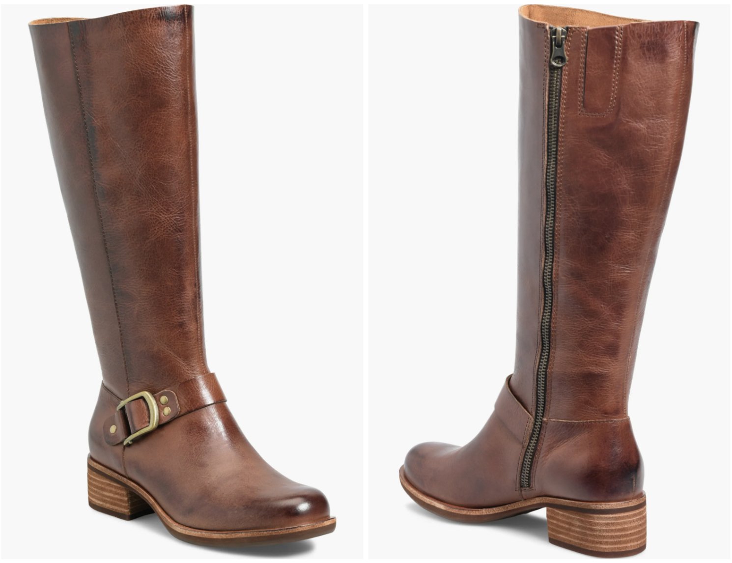 Brown knee-high leather boots with a buckle, side zipper, and low heel are shown from two angles