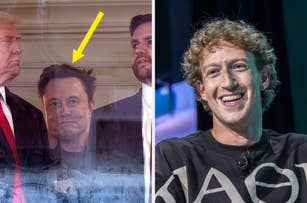 Two-panel image: Left shows a reflective window with several individuals inside; Right shows a person smiling on stage, wearing a casual black shirt