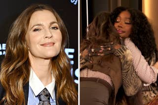 Drew Barrymore in a suit with long hair on a red carpet. Right: Drew and SZA people hugging warmly indoors