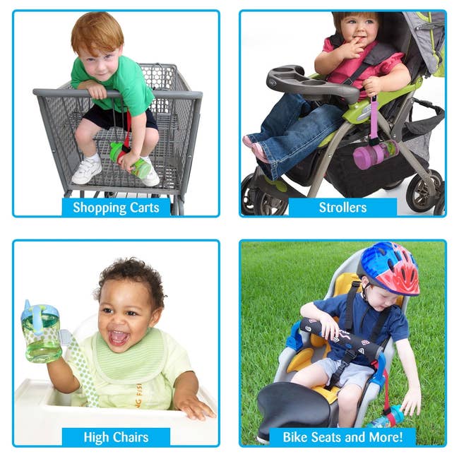Collage of toddlers with information harnesses successful buying carts, strollers, precocious chairs, and motorcycle seats