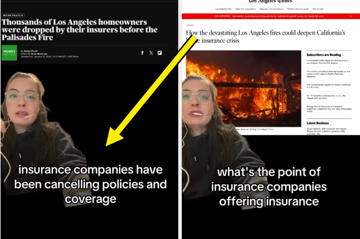 Split image with a person discussing insurance companies canceling policies, referencing news about Los Angeles fires and insurance issues