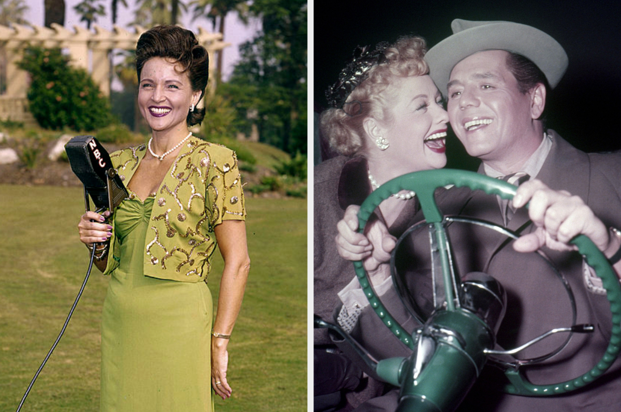 Left: Woman smiling, holding a vintage microphone, wearing a patterned top and green skirt. Right: Cheerful couple in a car sharing a joyful moment