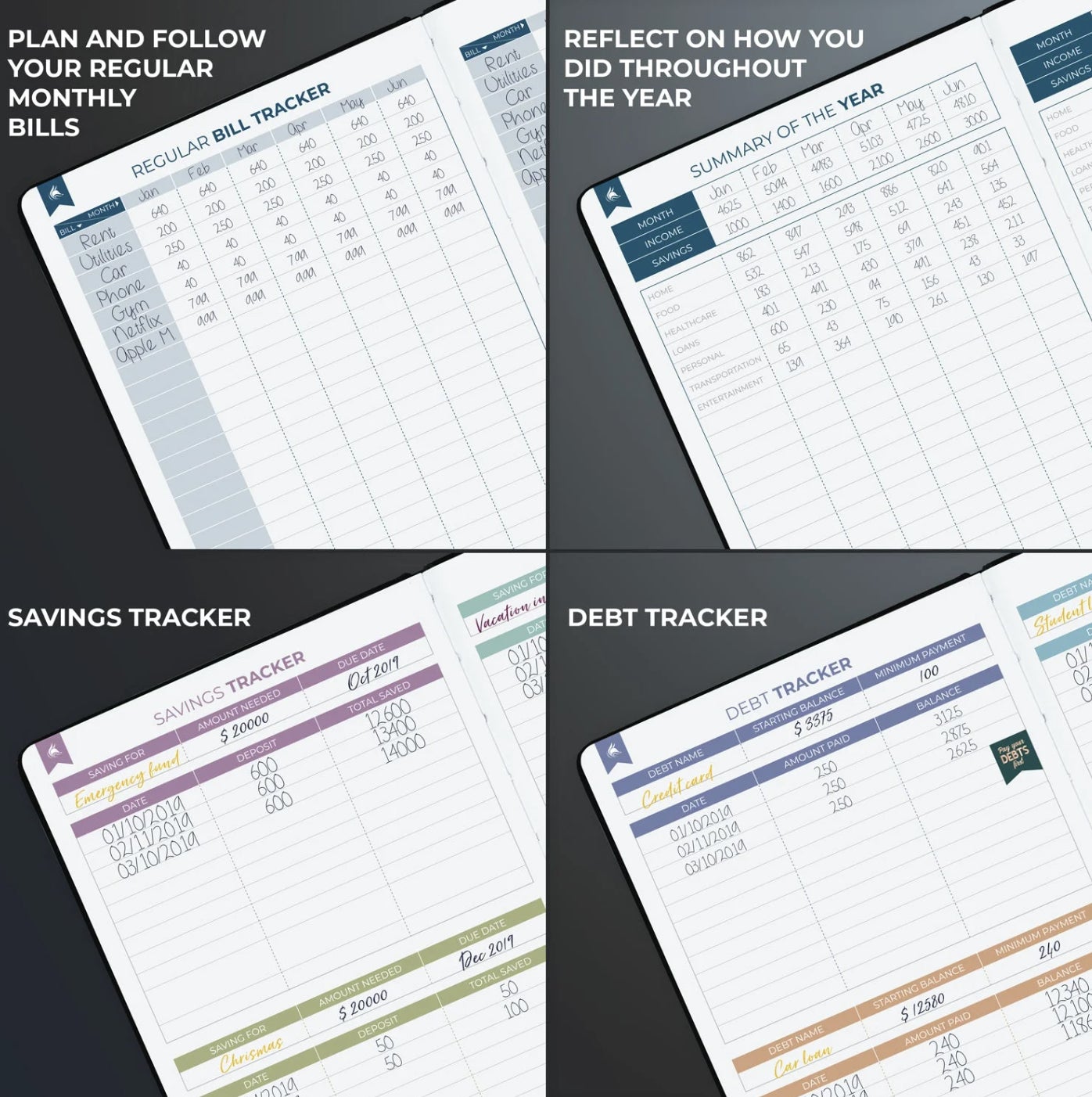 Four planner pages amusement   layouts for tracking bills, yearly summary, savings, and debts, emphasizing enactment     and fiscal  planning
