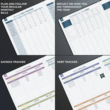 Four planner pages amusement layouts for tracking bills, yearly summary, savings, and debts, emphasizing enactment and fiscal planning