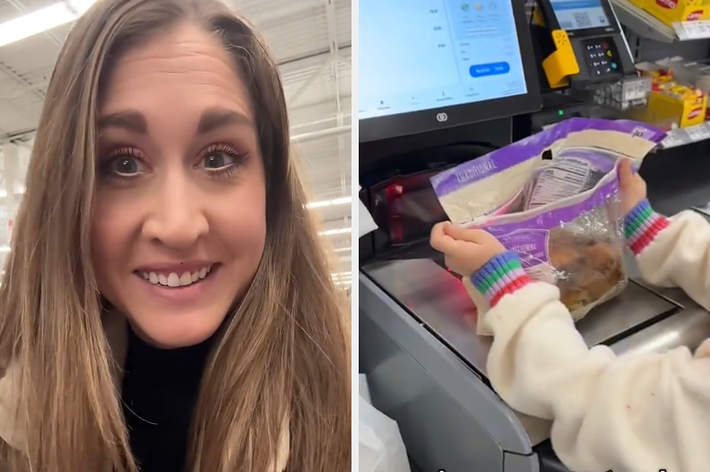 女の子がスーパーでマフィンを手に持ち、「HAPPY」と書かれたセーターを着ている。