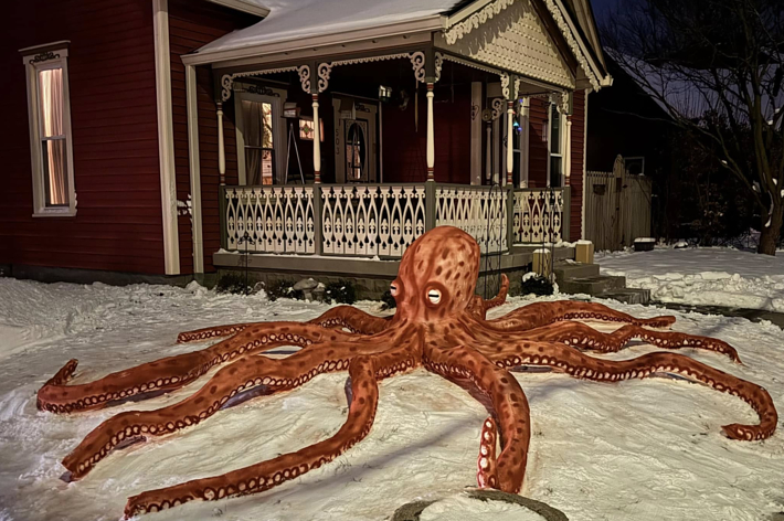 家の前の雪の庭に作られたリアルな雪のタコの彫刻。