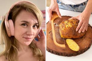 A person wearing over-ear headphones on the left and hands slicing a loaf of bread on a wooden board on the right
