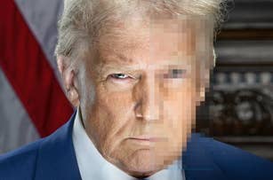 Image showing the face of a serious-looking man split into a clear and pixelated half, with a U.S. flag partially visible in the background