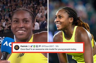 Athlete smiling post-match with microphone; on right, same athlete mid-game wearing athletic attire. Crowd visible in background