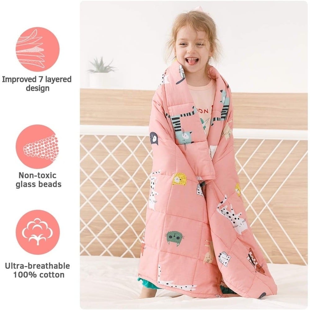 Child smiling successful  animal-patterned pinkish  quilted broad  connected  bed