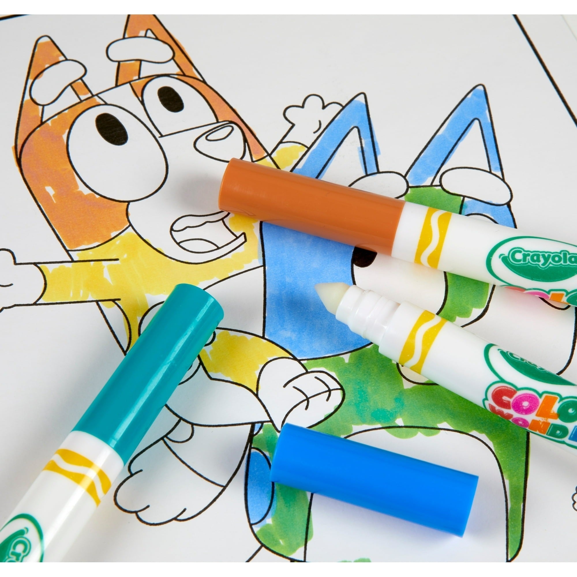 Coloring leafage   featuring Bluey characters partially colored with Crayola markers, including bluish  and brown, connected  a buying  website