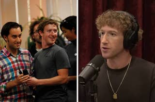 Two men talking casually with a microphone; one man wears a t-shirt and necklace, speaking into a podcast microphone