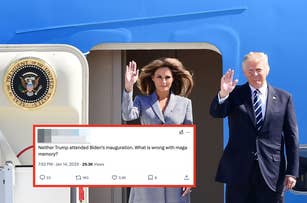 Donald and Melania Trump wave as they exit a plane