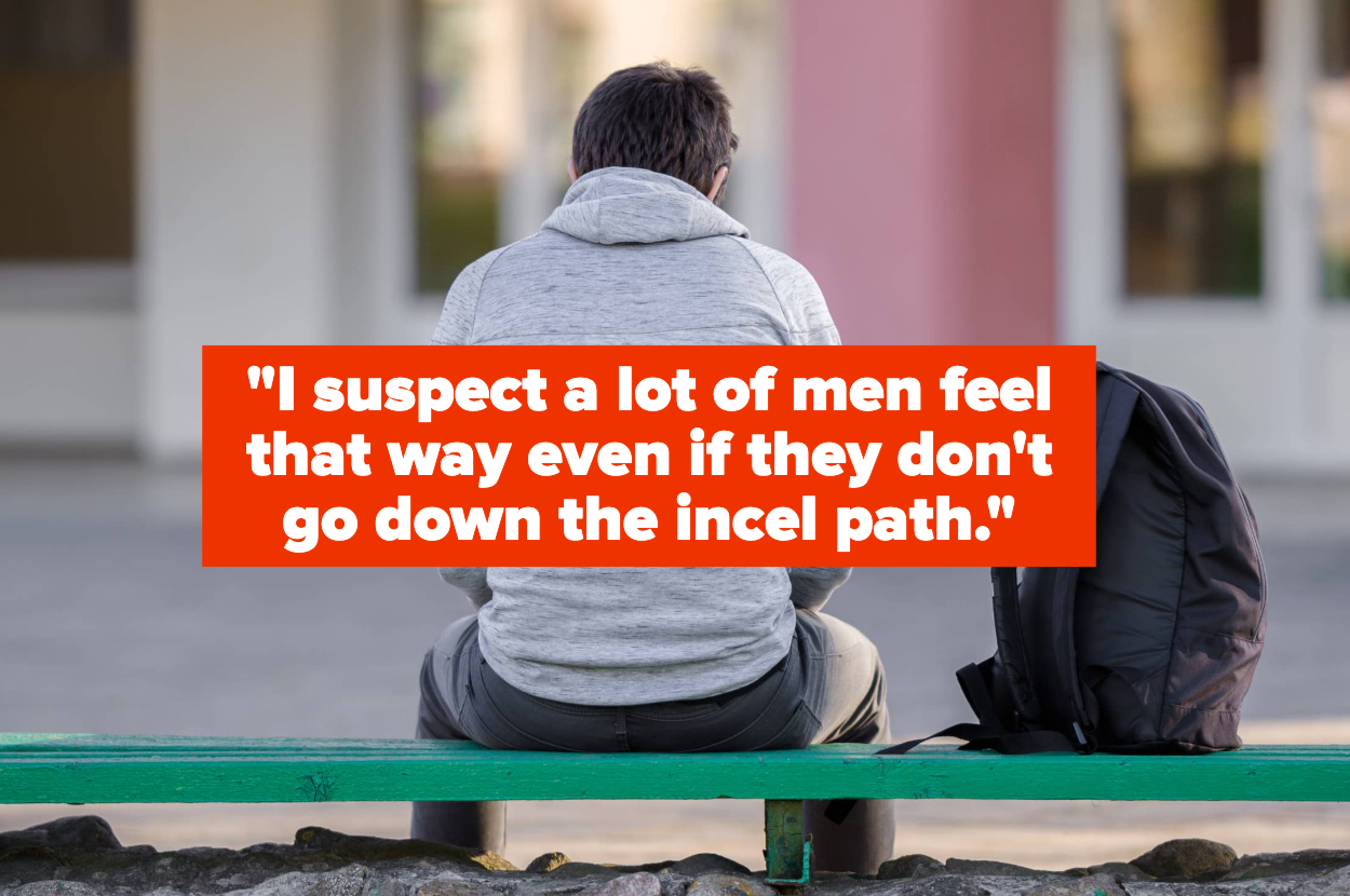 Person sitting on a bench facing away, text overlay reads: "I suspect a lot of men feel that way even if they don't go down the incel path."