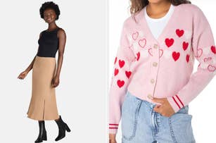 Two outfits: Left - Model in a sleeveless top, long skirt, and boots. Right - Model in heart-patterned cardigan, white T-shirt, and denim shorts