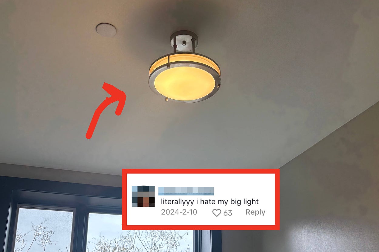 A ceiling light fixture with a large arrow pointing to it. A comment below reads, "literallyyy i hate my big light."