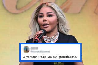 Person with blonde hair and stylish makeup speaks into a microphone. Text overlay reads, 