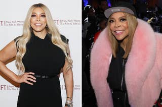 Two side-by-side images of a person. Left: in a black dress, posing on a red carpet. Right: wearing a cap and pink fur-trimmed coat, smiling at an event