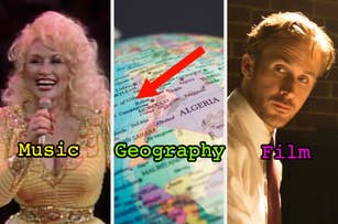 Three-panel meme: left shows a singer in sparkling attire labeled "Music," middle shows a map labeled "Geography," right shows a suited man labeled "Film."