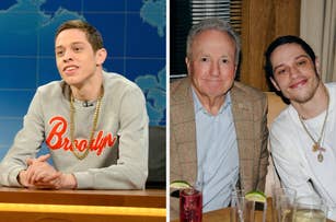 Two images: Left, a man in a casual sweatshirt on a talk show set. Right, the same man in a white shirt with a gold chain, smiling alongside an older man