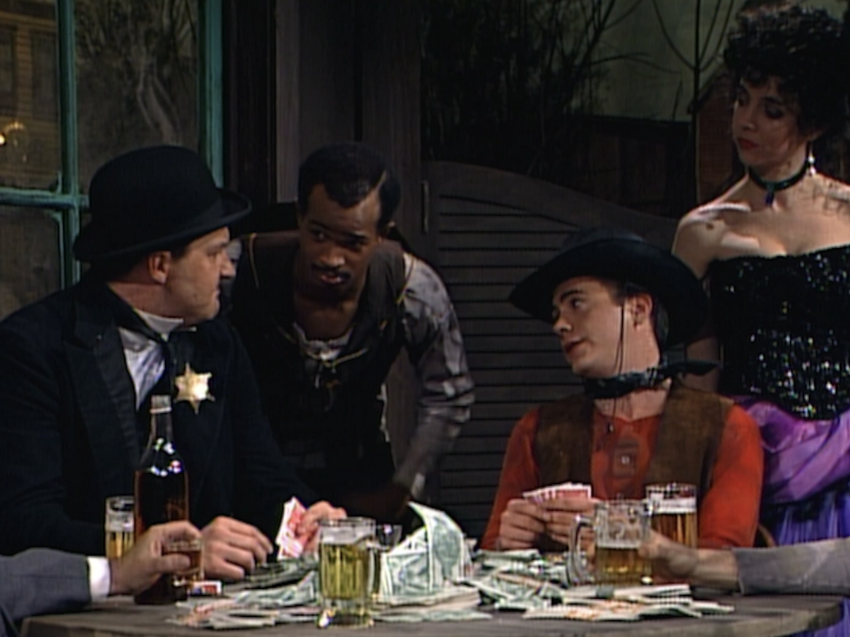 People in a Western-themed poker scene with a saloon setting, playing cards and surrounded by money and drinks