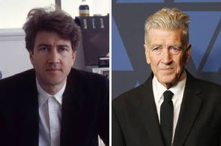 Two images of the same man years apart; left shows a younger version, right shows an older version in a suit and tie at a formal event