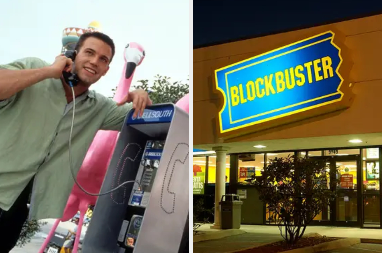 Person using a public payphone next to a pink flamingo statue; Blockbuster store with lit-up sign at night