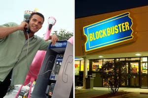 Person using a public payphone next to a pink flamingo statue; Blockbuster store with lit-up sign at night