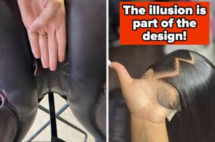 Two-panel image: Left, a hand next to a ripped seat. Right, a zigzag hair part under text: "The illusion is part of the design!"