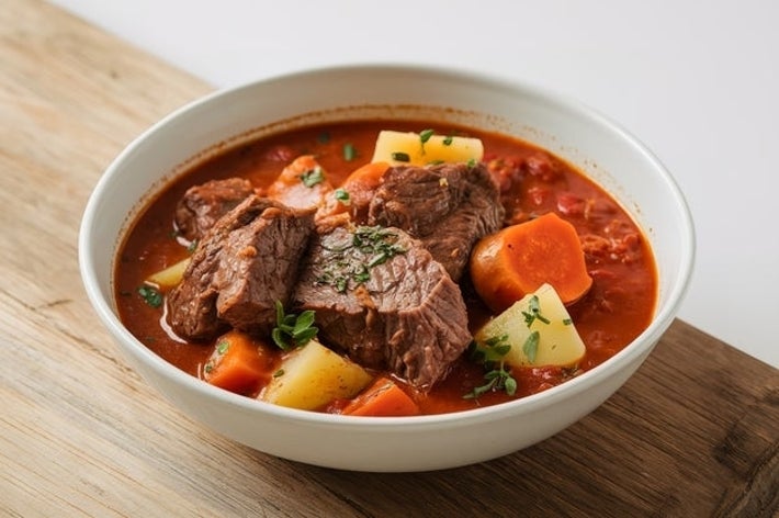 ビーフシチューの一皿。肉、じゃがいも、にんじんが入っていて、ハーブがトッピングされています。