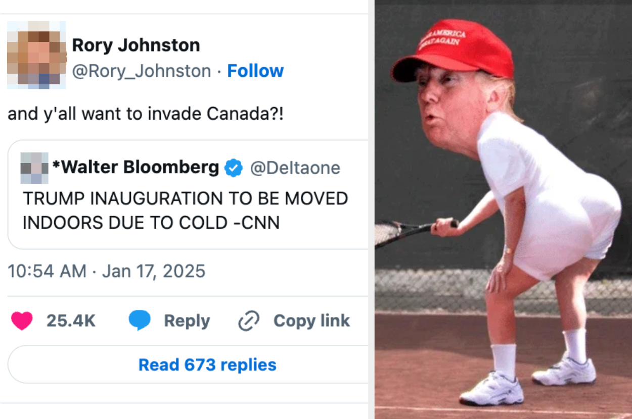 Edited tweet showing a golf player with a photoshopped face of Donald Trump, referencing cold weather during his presumed 2025 inauguration