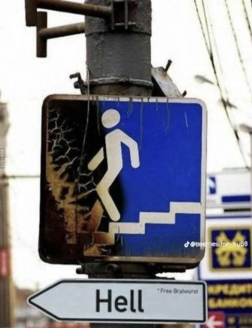 A humorous motion   showing a fig  descending stairs. Below, an arrow points to a motion   labeled "Hell," creating a comedic implication