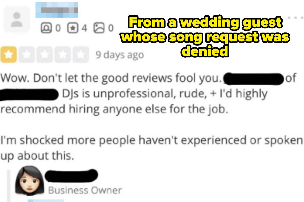 Review by a wedding guest criticizing a DJ for being rude, unprofessional, and not honoring a song request. Business owner has replied