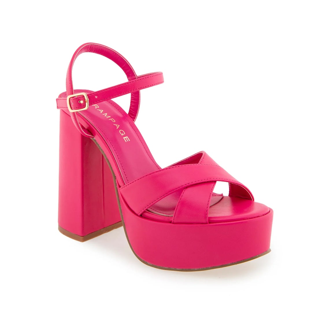 High-heeled pink platform sandal with crisscross straps and an ankle buckle