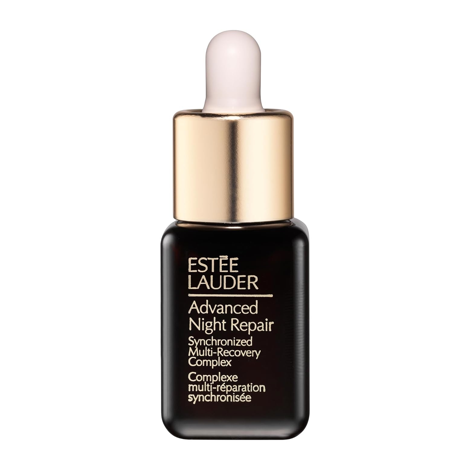 Estee Lauder Advanced Night Repair serum bottle with dropper, labeled "Synchronized Multi-Recovery Complex."
