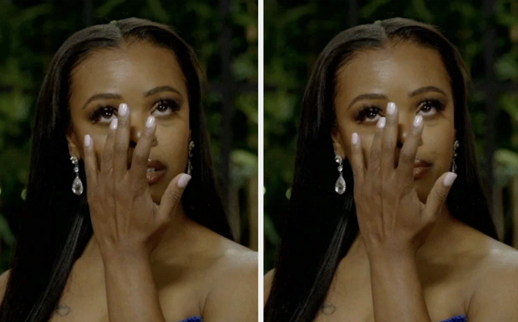 Kvinne som berører ansiktet hennes, har på seg øredobber og en stilig kjole, fremstår emosjonell med et gjennomtenkt uttrykk. Bakgrunnen viser grøntområder