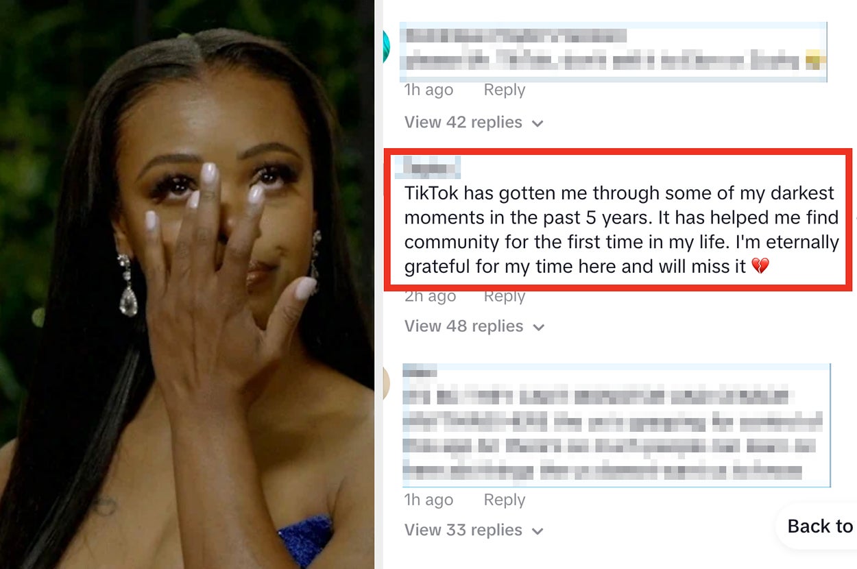 Person in a suit speaks on video call next to a comment expressing gratitude for TikTok's supportive community over five years; expresses fond farewell
