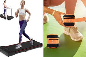 Model running on a treadmill desk; close-up of ankle weights being secured on sports shoes