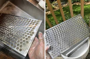 The image shows a metal grater being cleaned. The left side shows it with grime; the right side shows it clean. The person's hand is visibly cleaning the grater