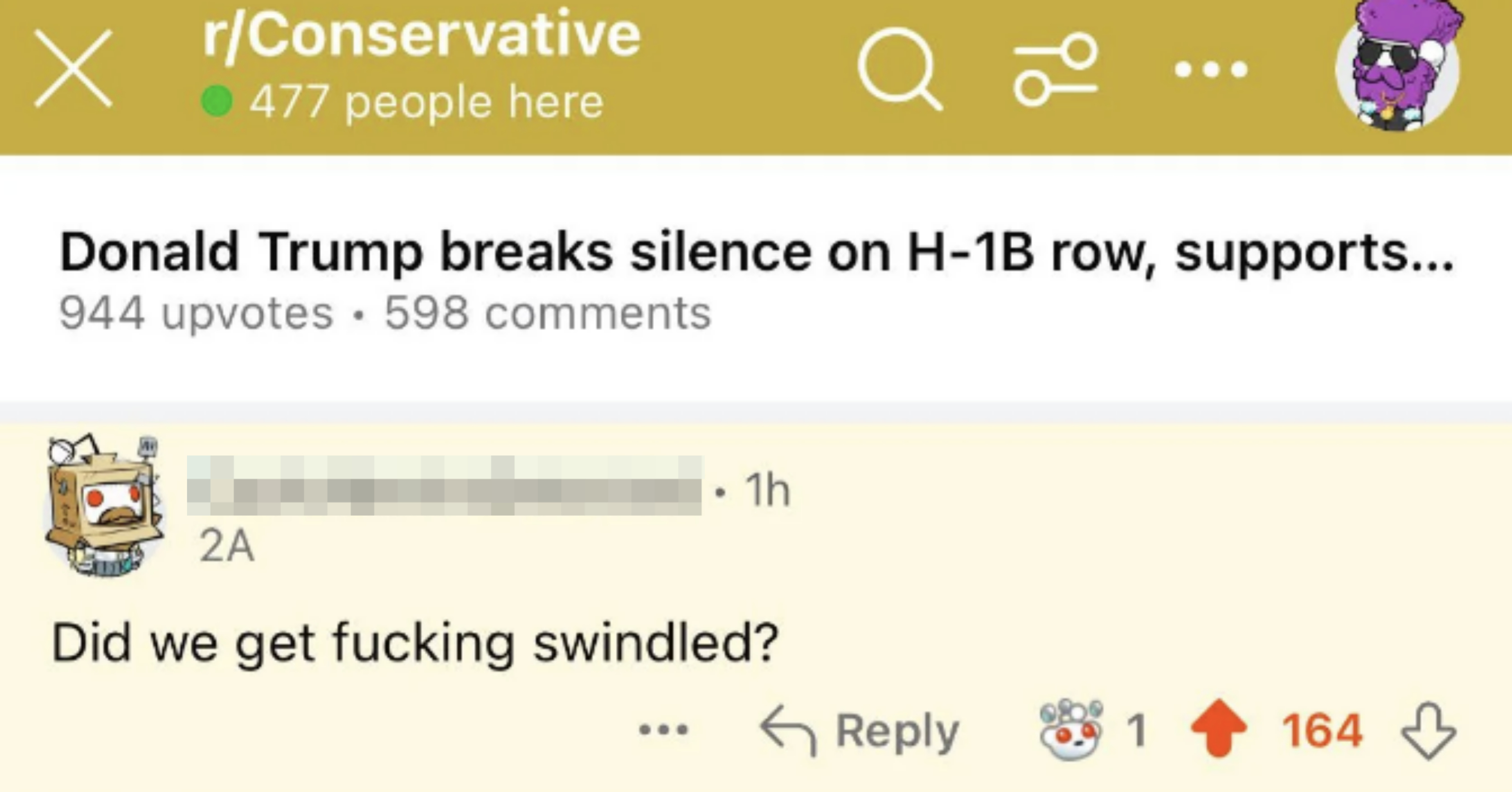 Screenshot of a Reddit post from r/Conservative discussing Donald Trump and H-1B visas, with a highlighted comment questioning being swindled