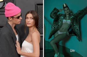 Two images: Left, a couple with one person in a pink beanie and sunglasses, the other in a white strapless dress. Right, a person in a fur coat and bikini
