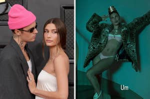 Two images: Left, a couple with one person in a pink beanie and sunglasses, the other in a white strapless dress. Right, a person in a fur coat and bikini