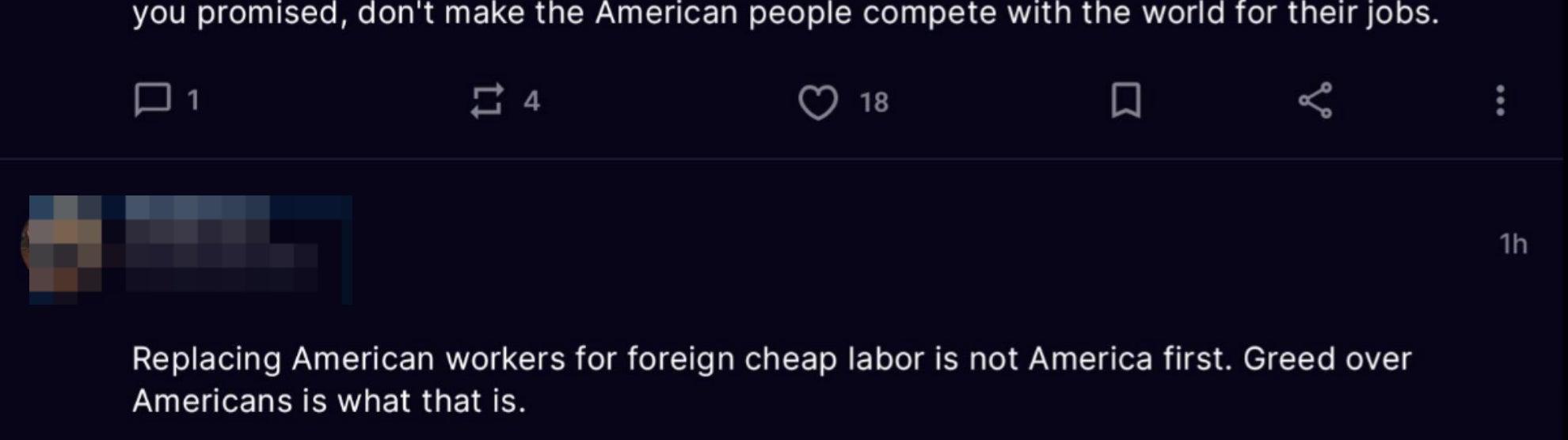 Summary of tweets discussing criticism of Elon Musk and labor practices, with mentions of American jobs and foreign workers