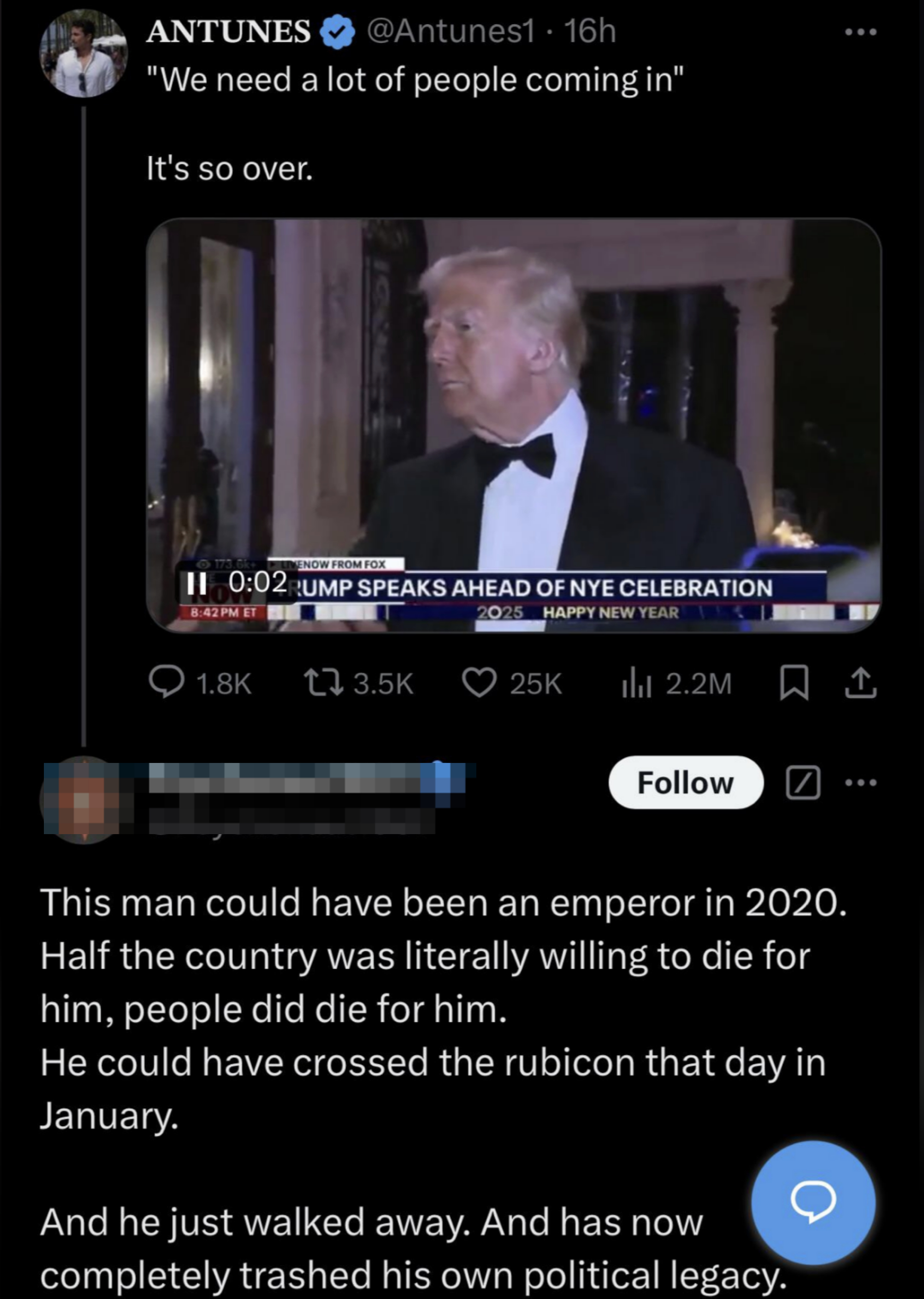 Image of a tweet discussing former President Trump speaking on TV, with a commentary tweet speculating on his political influence and decisions in 2020