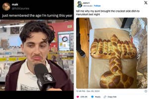 Person with a skeptical expression holds a microphone beside a tweet about a unique Hanukkah bread dish