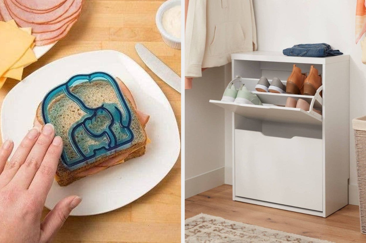 Left: Sandwich with puzzle-shaped cutter on bread. Right: Compact white shoe cabinet with pull-down doors holds shoes