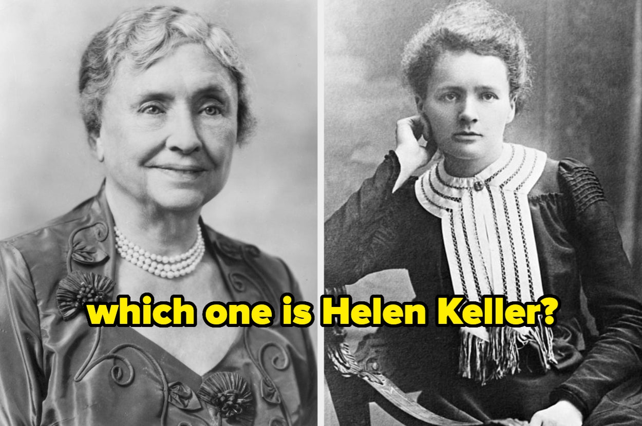 Two vintage portraits of women; the text asks, "which one is Helen Keller?"