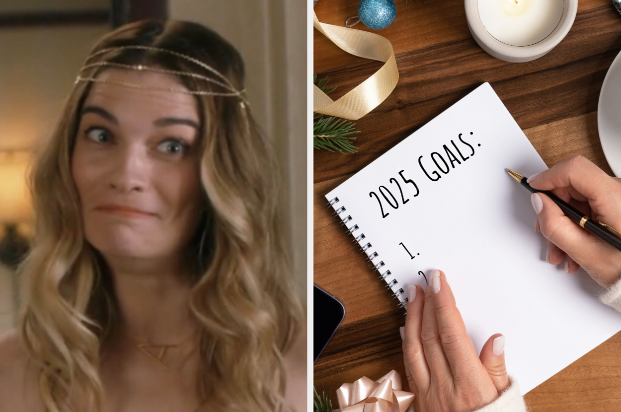 Alexis Rose from "Schitt's Creek" with a humorous expression wearing a gold headpiece; hand writing "2025 Goals" on a notepad