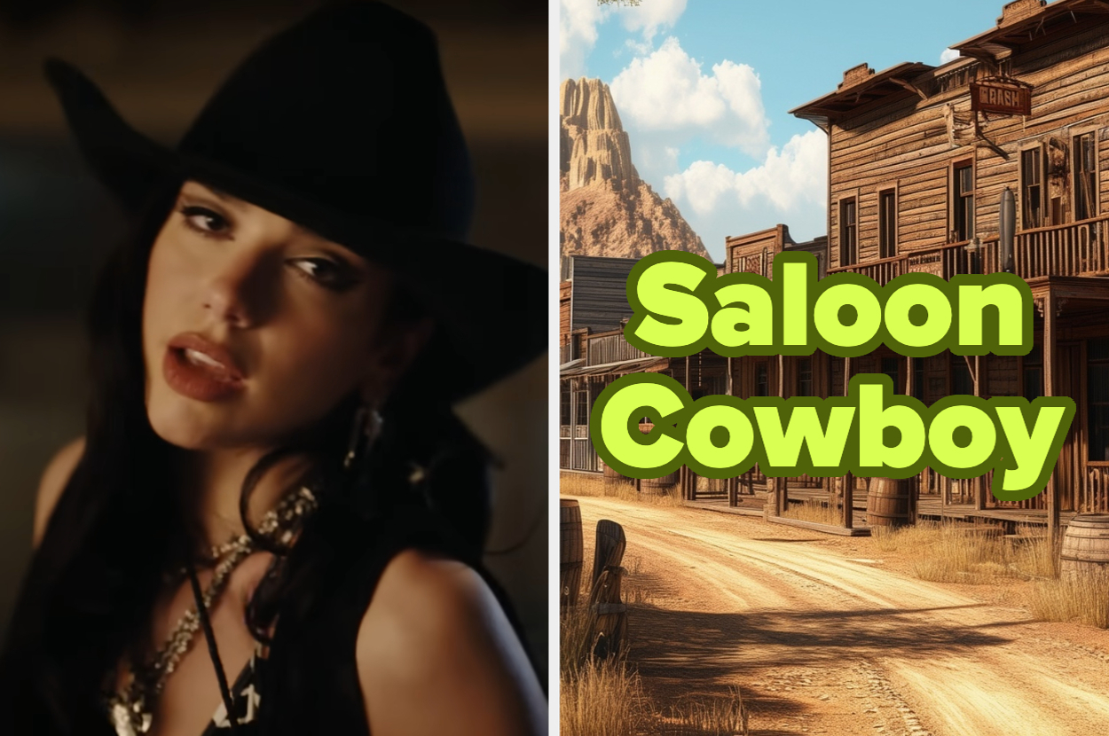 Left image: Dua Lipa in a cowboy hat, wearing a necklace. Right image: Old West town with wooden saloons, text reads "Saloon Cowboy."