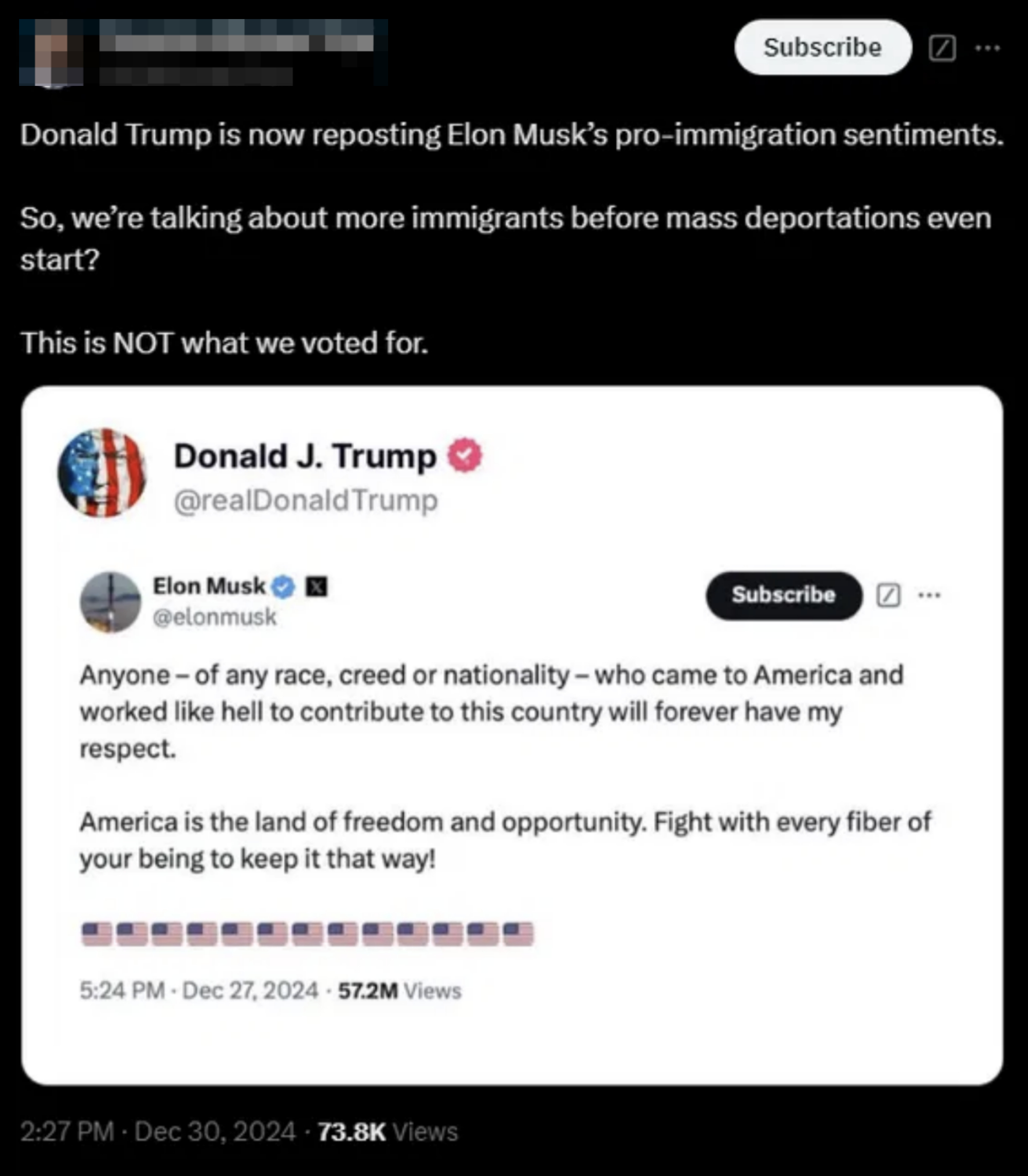 Screenshot of a tweet discussing Donald Trump&#x27;s reposting of Elon Musk&#x27;s pro-immigration stance and public reaction, with emphasis on voting